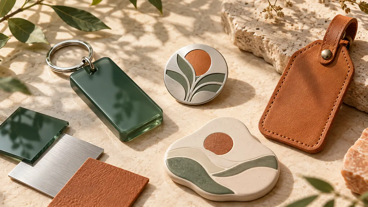 Custom merchandise materials illustrated with an acrylic keychain, metal pin and leather tag