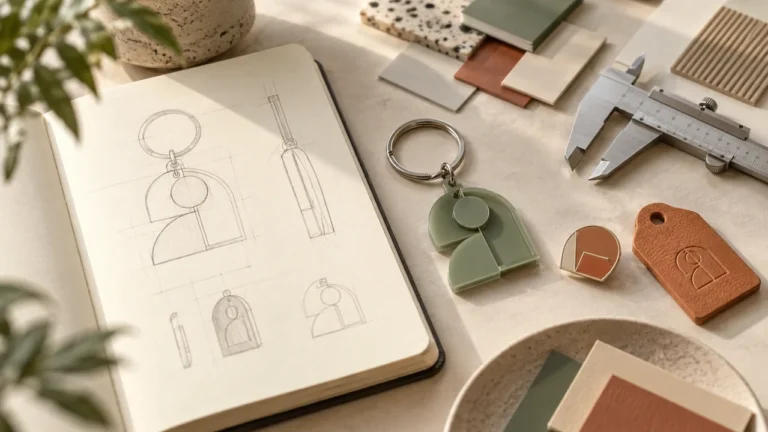 Custom merchandise sourcing concept with design sketches, product samples, caliper and material swatches