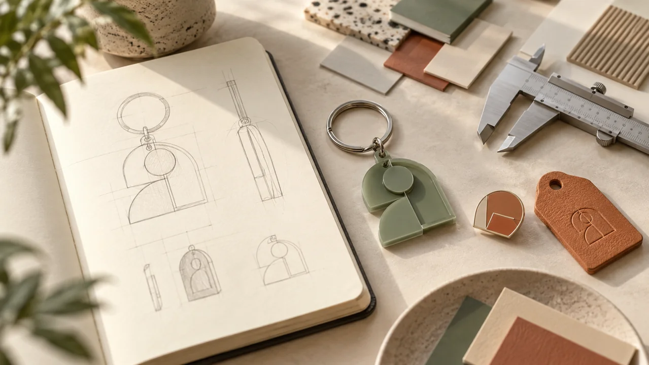 Custom merchandise sourcing concept with design sketches, product samples and material swatches