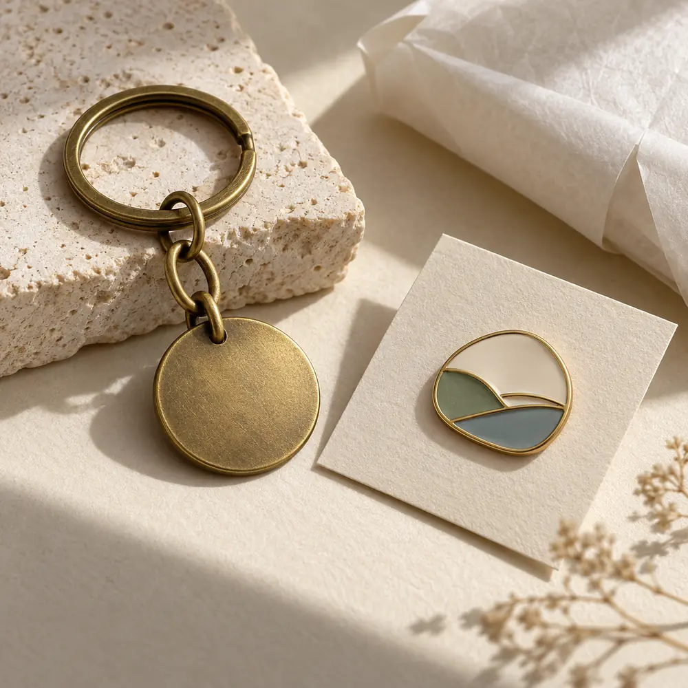 Premium metal keychain and enamel pin finishing details