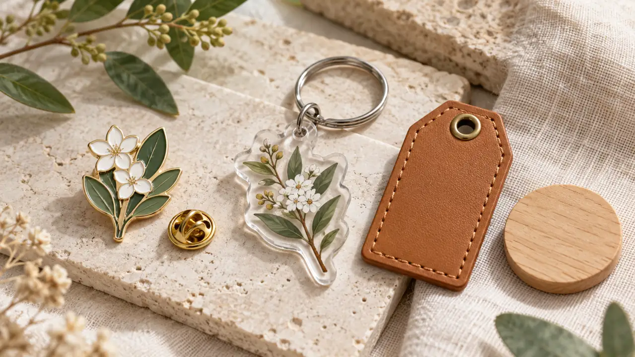 Custom merchandise materials and fittings: botanical enamel pin, acrylic keychain, stitched leather-style tag and wood sample