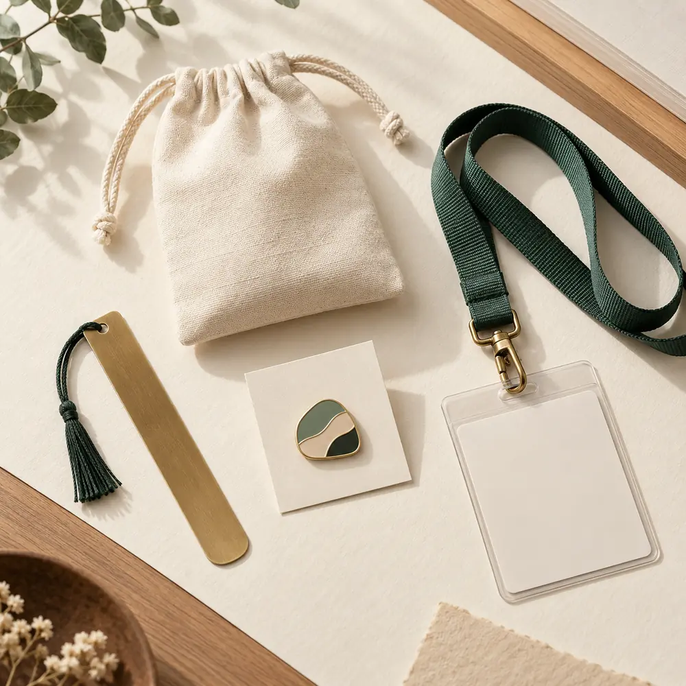 Corporate event merchandise kit with lanyard bookmark and pin