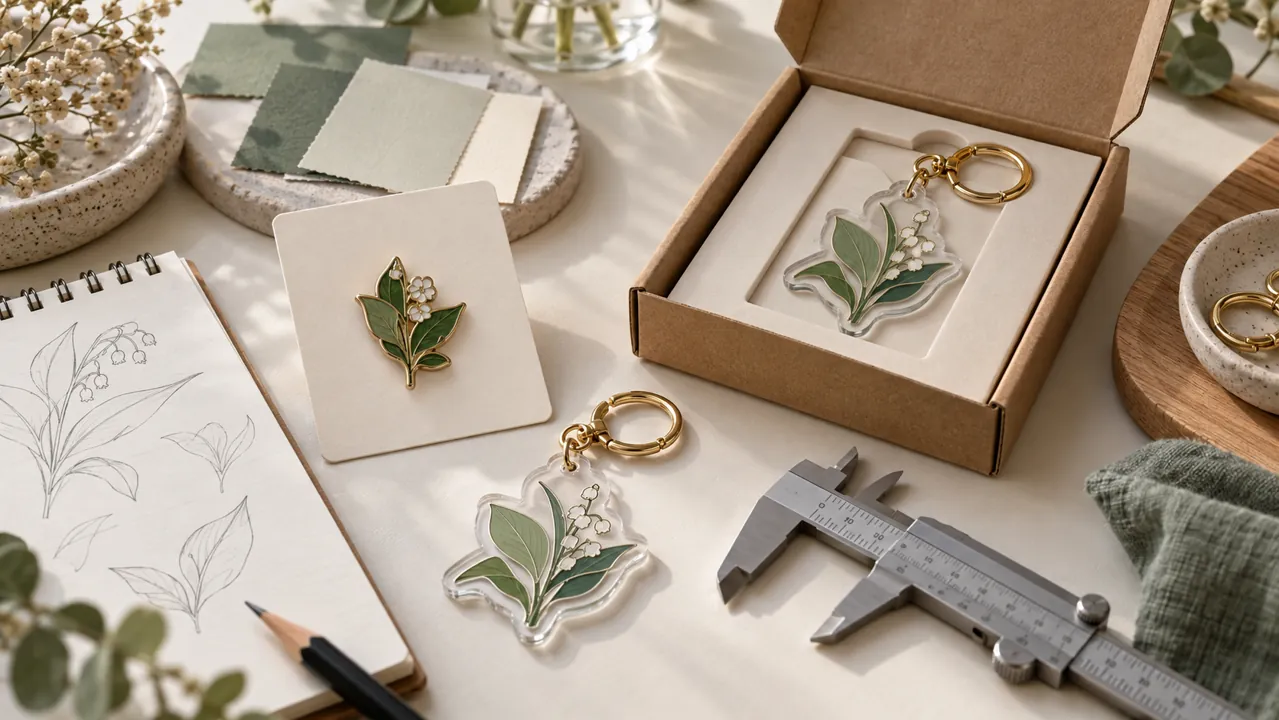 Custom merchandise sourcing sample review with botanical enamel pin, acrylic keychain, caliper and kraft packaging